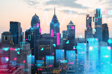Philadelphia skyline with futuristic holographic overlays, digital art on urban background, concept of technology and security. Double exposure