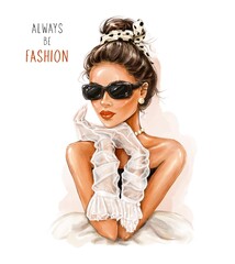 Watercolor beautiful brunette hair fashion woman in sunglasses. Stylish girl with hair bun. Pretty woman with headband on her head. Lady wearing white gloves. Fashion illustration 