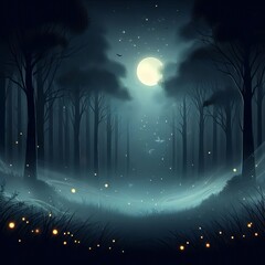 Obraz premium dark and mysterious forest at night with soft moonlight, fireflies, fog and starry skies