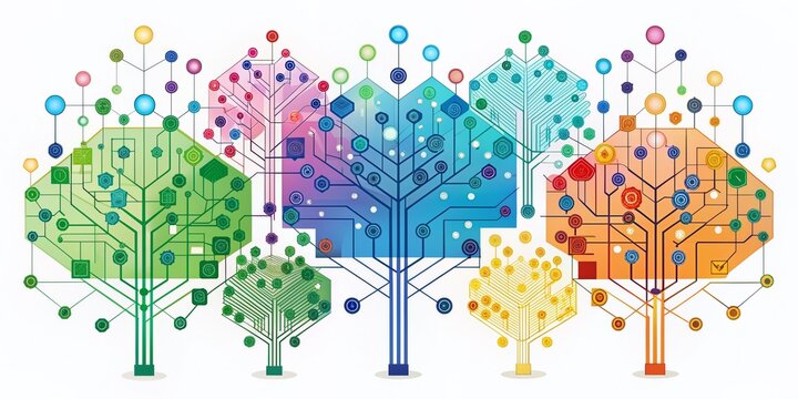 Colorful illustration of complex decision trees interconnected to form a random forest, showcasing machine learning technique for regression and classification problem solving.