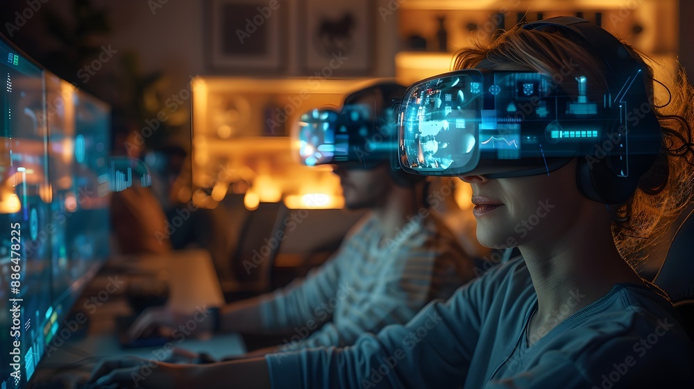 Poster a remote team collaborating through sophisticated virtual reality platform for future business netwo