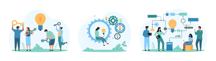 Business problem solving, productivity of solution set. Tiny people unlock access with key, moving gears mechanism with effective work, connect light bulb and tasks chart cartoon vector illustration