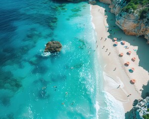 Serene Beach Paradise: Aerial View of Turquoise Waters and White Sand with People Enjoying the Shoreline in High-Quality 3D Render