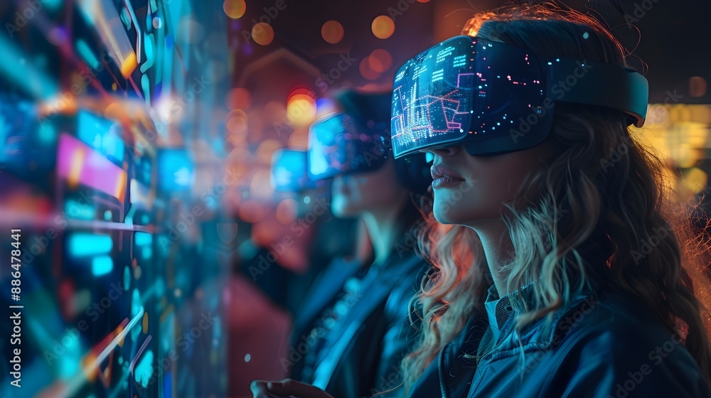 Poster professionals interacting through augmented reality interfaces at high tech networking event