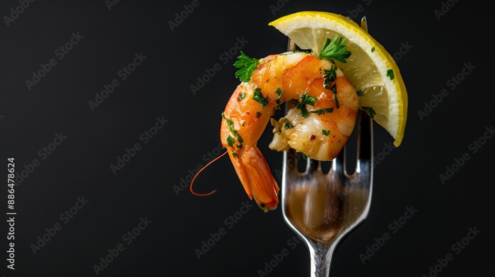 Poster a fork with a shrimp and lemon on it