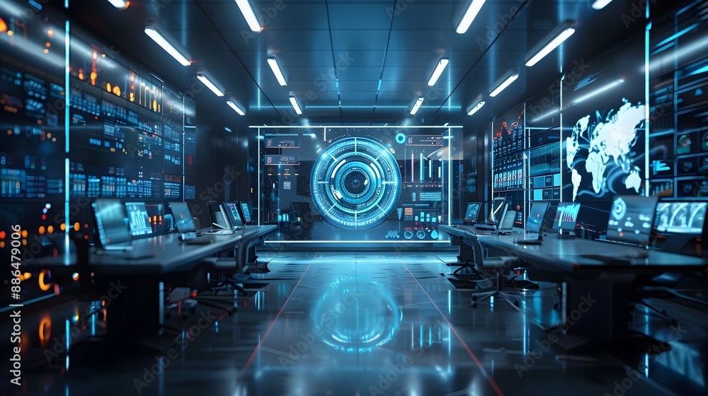Poster ai powered futuristic workspace for digital communication and business networking