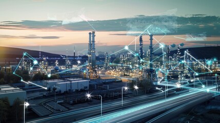Fototapeta premium Industrial Complex at Twilight with Digital Network Overlay