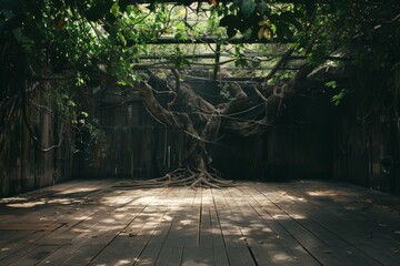 An empty stage inside a giant, ancient tree, with wooden floors and walls, natural light filtering through leaves, and roots and branches intertwining.