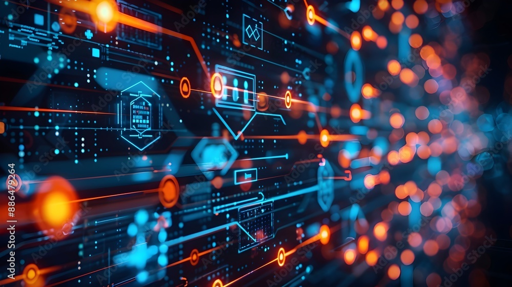 Poster futuristic corporate network hub with cyber security safeguards illustrating efficient digital busin