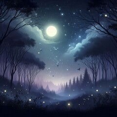 dark and mysterious forest at night with soft moonlight, fireflies, fog and starry skies