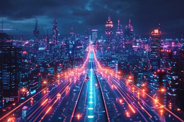 Futuristic Cityscape with Glowing Highways