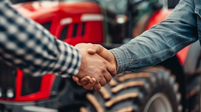 Two men shake hands in front of a red tractor, signifying a successful purchase
