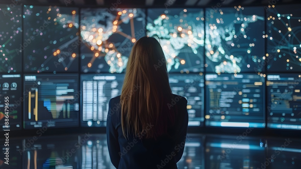Poster business professional analyzing network data on multiple screens in high tech center
