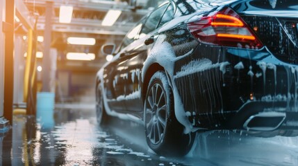 Obraz premium Modern black car in a car wash with foam and water jet.&nbsp;High pressure cleaning machine