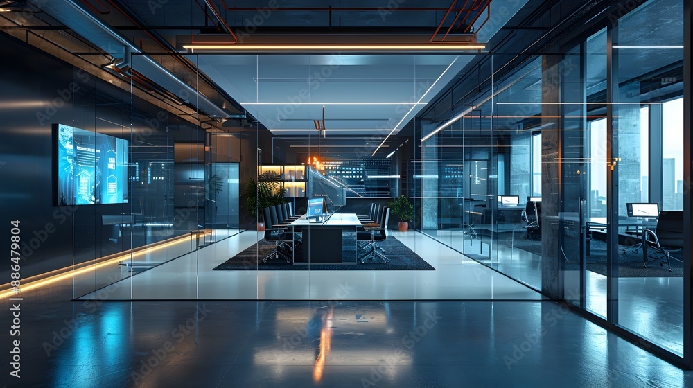 Poster sleek and high tech office space enabling seamless digital communication and networking