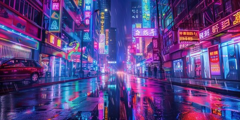 Cityscape of futuristic neon metropolis with skyscrapers and rain