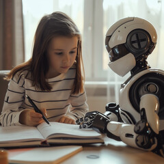 a humanoid robot helping study a young student at home