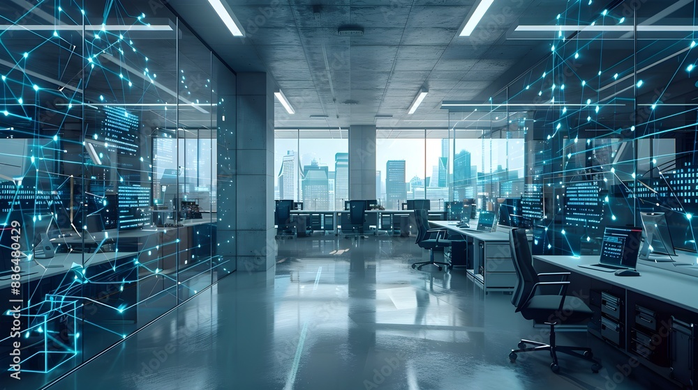 Poster high tech office with seamless of communication networks enhancing business productivity and connect
