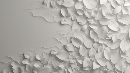 Elegant 3D background with white pastel leaves: minimalistic and stylish design, plaster, paint strokes.