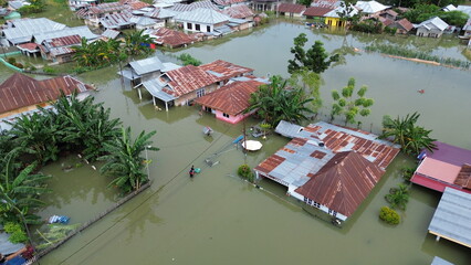 Aerial view of flooded area in Tualango village, Gorontalo, Indonesia