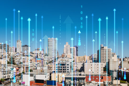 San Francisco cityscape with a hologram overlay of futuristic technology graphics. Urban skyline and digital concept. Double exposure