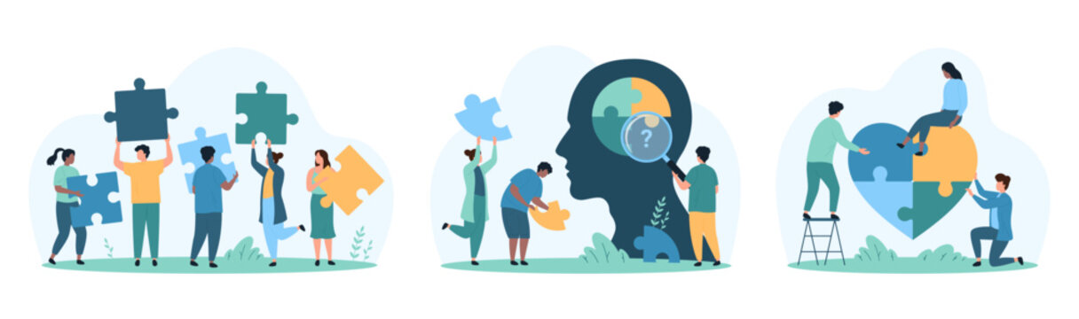 Creative thinking, success cooperation in problem solving set. Tiny people holding puzzle pieces, connect jigsaw parts in heart shape and in combination inside human head cartoon vector illustration