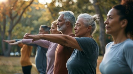 A group of diverse senior adults practice yoga poses in a peaceful outdoor forest setting. The warm sunlight filters through the trees as they stretch and focus on their movements