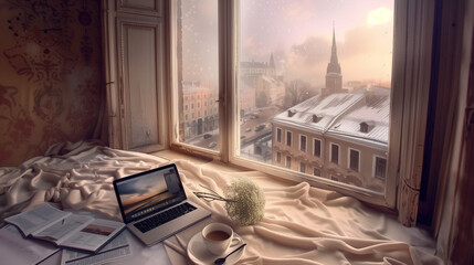 an open laptop on top of the desk, the table with A bouquet of daisies and coffee on it,