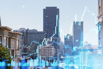 San Francisco cityscape with digital holographic overlays of graphs and numbers. Photography and future technology concept on a daytime urban background. Double exposure