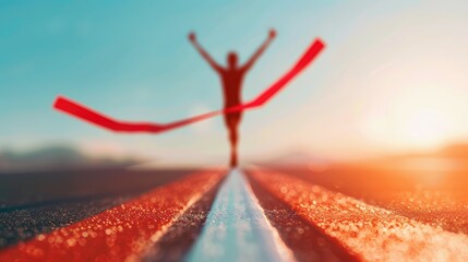 A businessman triumphantly crossing the finish line of a race, representing success and achievement, with a clean background and copy space.