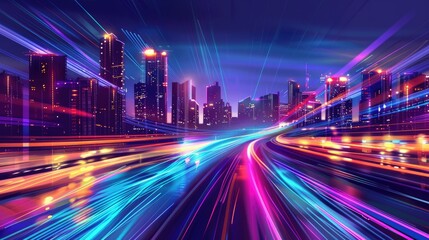Fototapeta premium Futuristic neon lights illuminate the vibrant cityscape at night