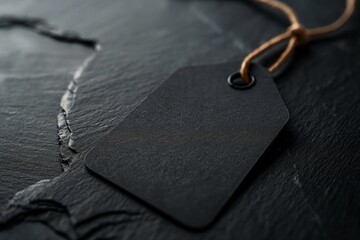 Dark, textured tag with sophisticated detailing on a rustic black backdrop