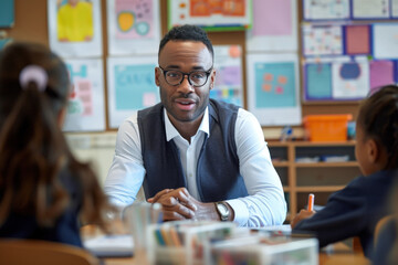 Elementary school teacher is sitting at a table in a classroom, helping two students with their homework