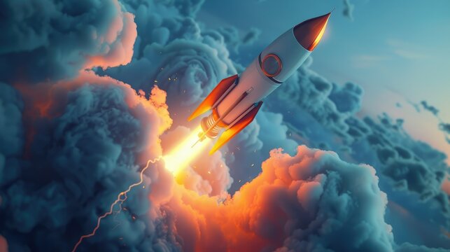 Rocket ship blasting off into the stratosphere through stormy clouds