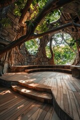An empty stage inside a giant, ancient tree, with wooden floors and walls, natural light filtering through leaves, and roots and branches intertwining.