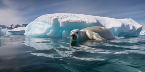 Naklejka premium Massive Iceberg Breaking, Bearded Seal Drifting on Ice Floe