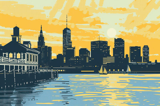 Risograph riso print travel poster, card, wallpaper or banner illustration, modern, isolated, clear, simple of Stamford, Connecticut, USA. Artistic, screen printing, stencil