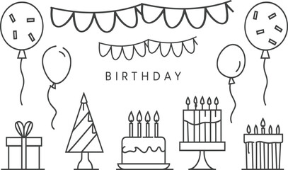 Birthday elements vector line art set icons  silhouettes style with white background 