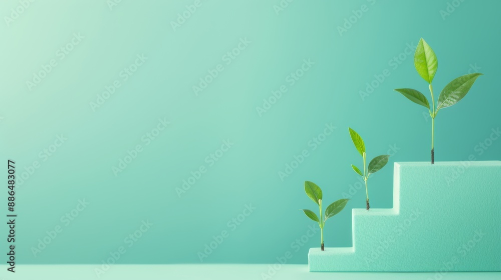 Poster an abstract representation of growth in business, with a series of steps from seedling to mature pla
