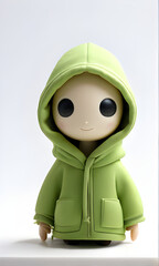 A small, white, cartoonish figure wearing a pink hoodie and smiling