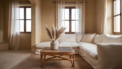 Scandinavian living room design with rattan table, pampas and white sofa on beige background