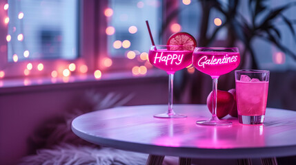 Pretty pink neon light Galentines day heart sign glowing with gin vodka girly pastel cocktails at club pub bar nightlife valentines party bestie girlfriend celebration decor event best friends sister
