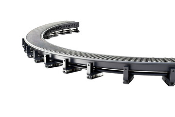 A Curved Conveyor Belt System in a Modern Manufacturing Facility on a White or Clear Surface PNG Transparent Background