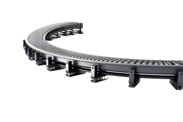 A Curved Conveyor Belt System in a Modern Manufacturing Facility on a White or Clear Surface PNG Transparent Background
