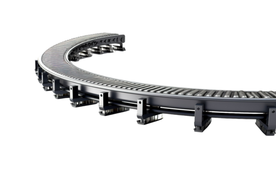 A Curved Conveyor Belt System in a Modern Manufacturing Facility on a White or Clear Surface PNG Transparent Background