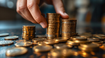 Hand of a mid adult man, wearing a siut, is stacking Euro coins.