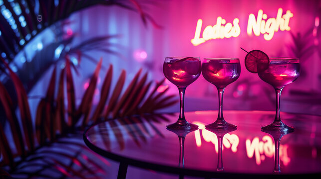 Lux happy pink neon lights Ladies Night out sign alcohol drink cocktail martini fancy girly glasses glowing on club pub nightclub bar modern nightlife party vibe pastel pretty urban trendy vibe shadow