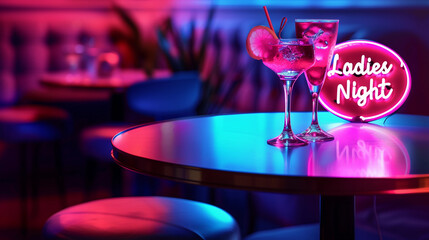 Lux happy pink neon lights Ladies Night out sign alcohol drink cocktail martini fancy girly glasses glowing on club pub nightclub bar modern nightlife party vibe pastel pretty urban trendy vibe shadow