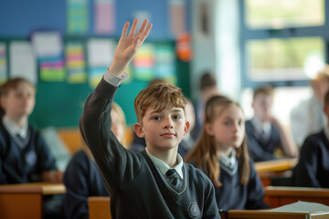 Smart schoolboy raising hand to answer a question during a lesson in a classroom