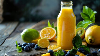 Fototapeta premium Bottle of orange juice surrounded by fresh fruits on a wooden table